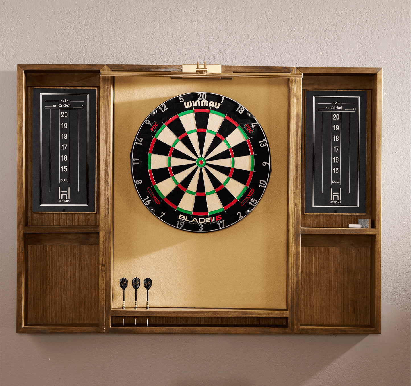Modern Dartboard Cabinet in Saddle Walnut
