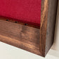 Walnut hardwood dartboard cabinet 32" x 32" x 3.5" with dart storage ruby red felt wrapped around the foam backer.