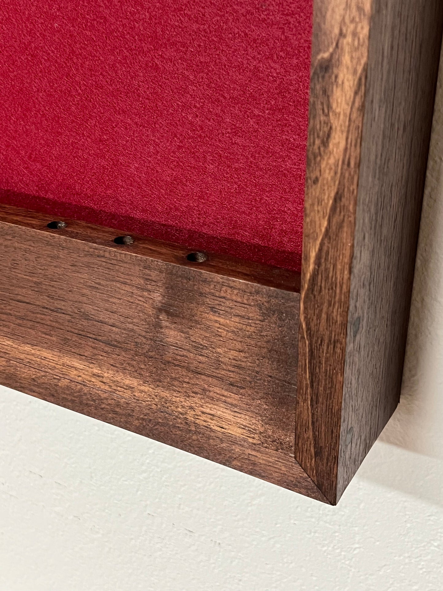 Walnut hardwood dartboard cabinet 32" x 32" x 3.5" with dart storage ruby red felt wrapped around the foam backer.