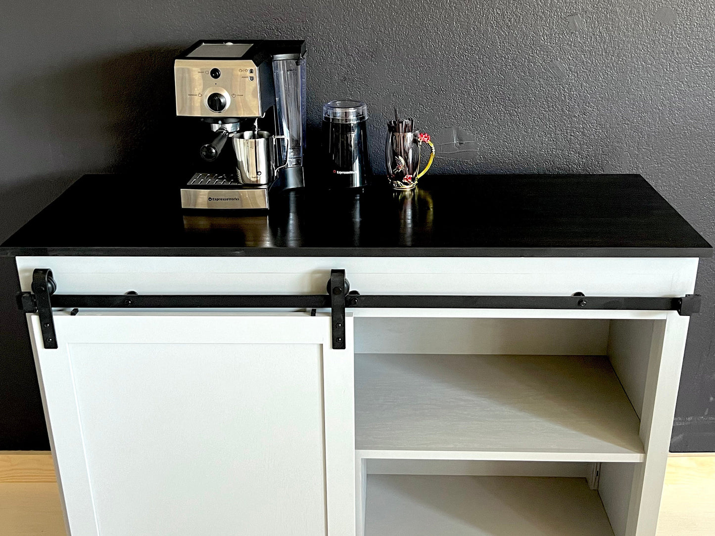 Modern farmhouse coffee bar, beverage storage center.  Makes a great wine or liquor cabinet with plenty of storage space.