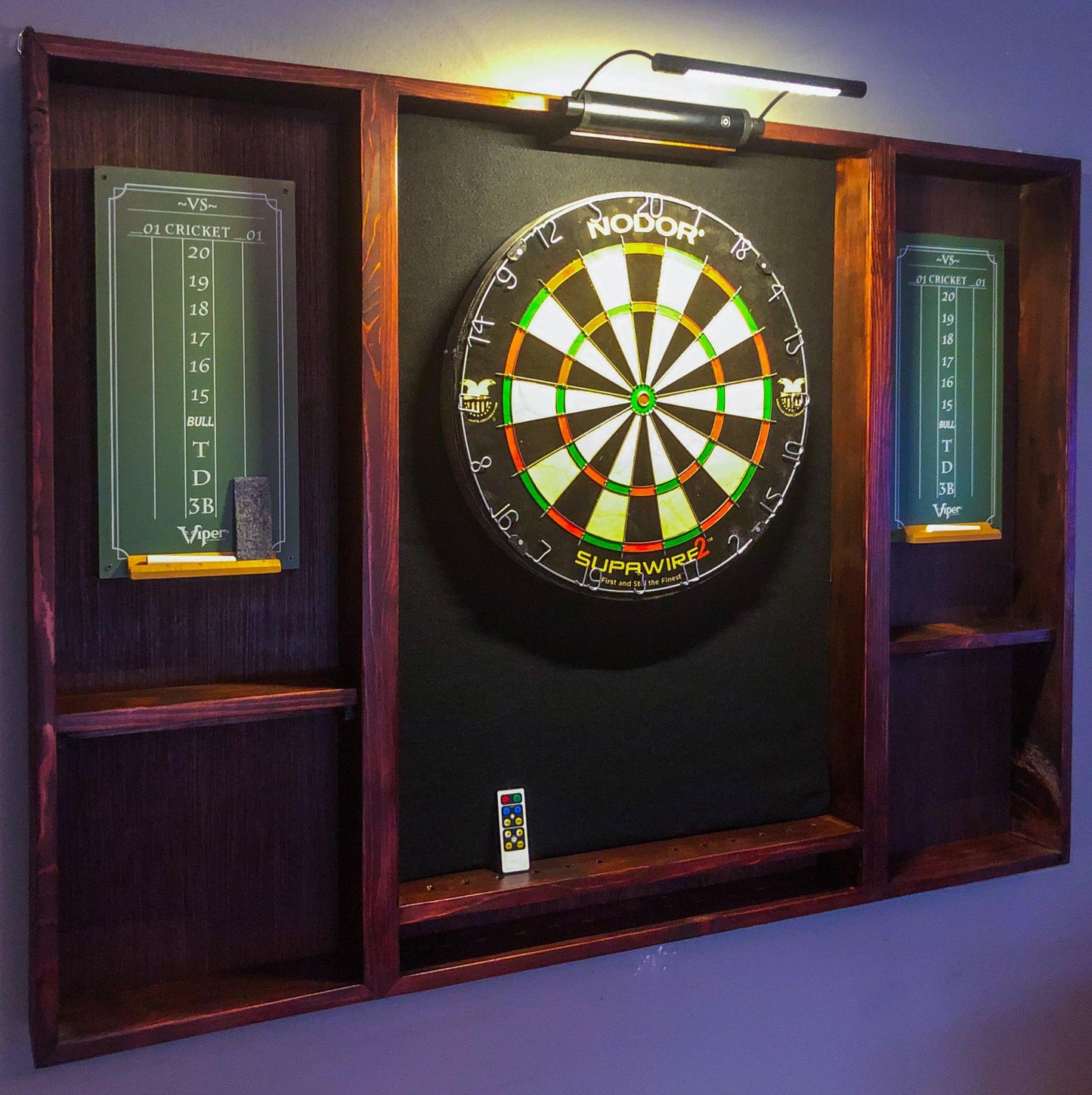 Custom Mahogany Dartboard Cabinet | LED Light, Scoreboards, & Darts Included | Premium Game Room Decor