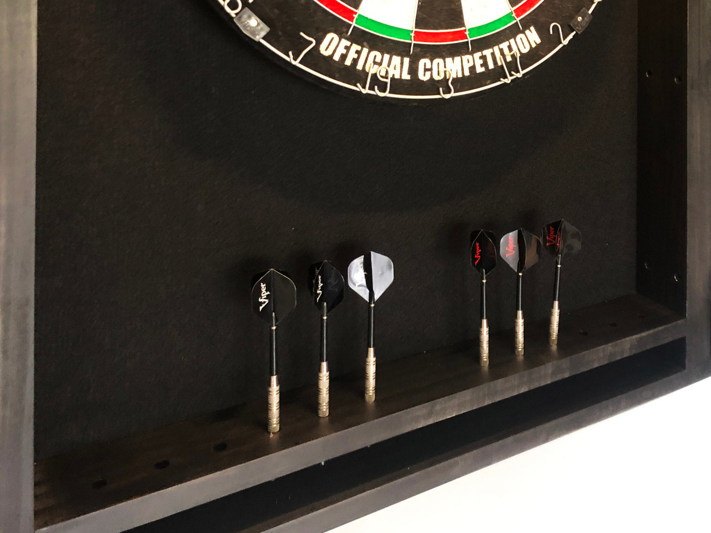 Black stained wood dartboard cabinet
