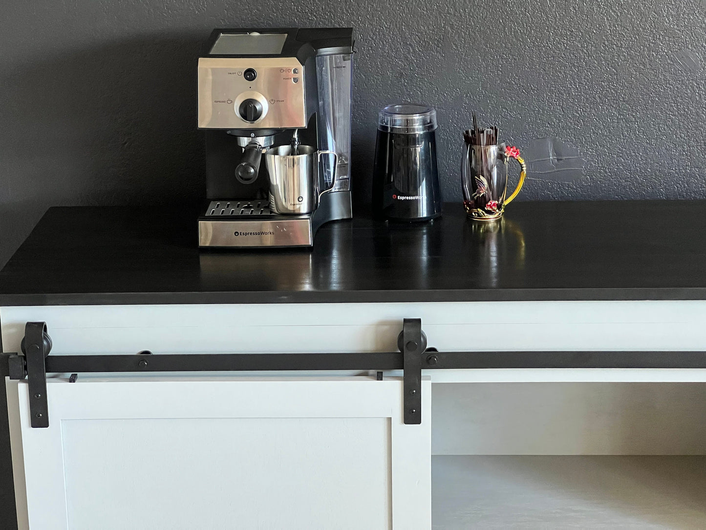 Modern farmhouse coffee bar, beverage storage center.  Makes a great wine or liquor cabinet with plenty of storage space.
