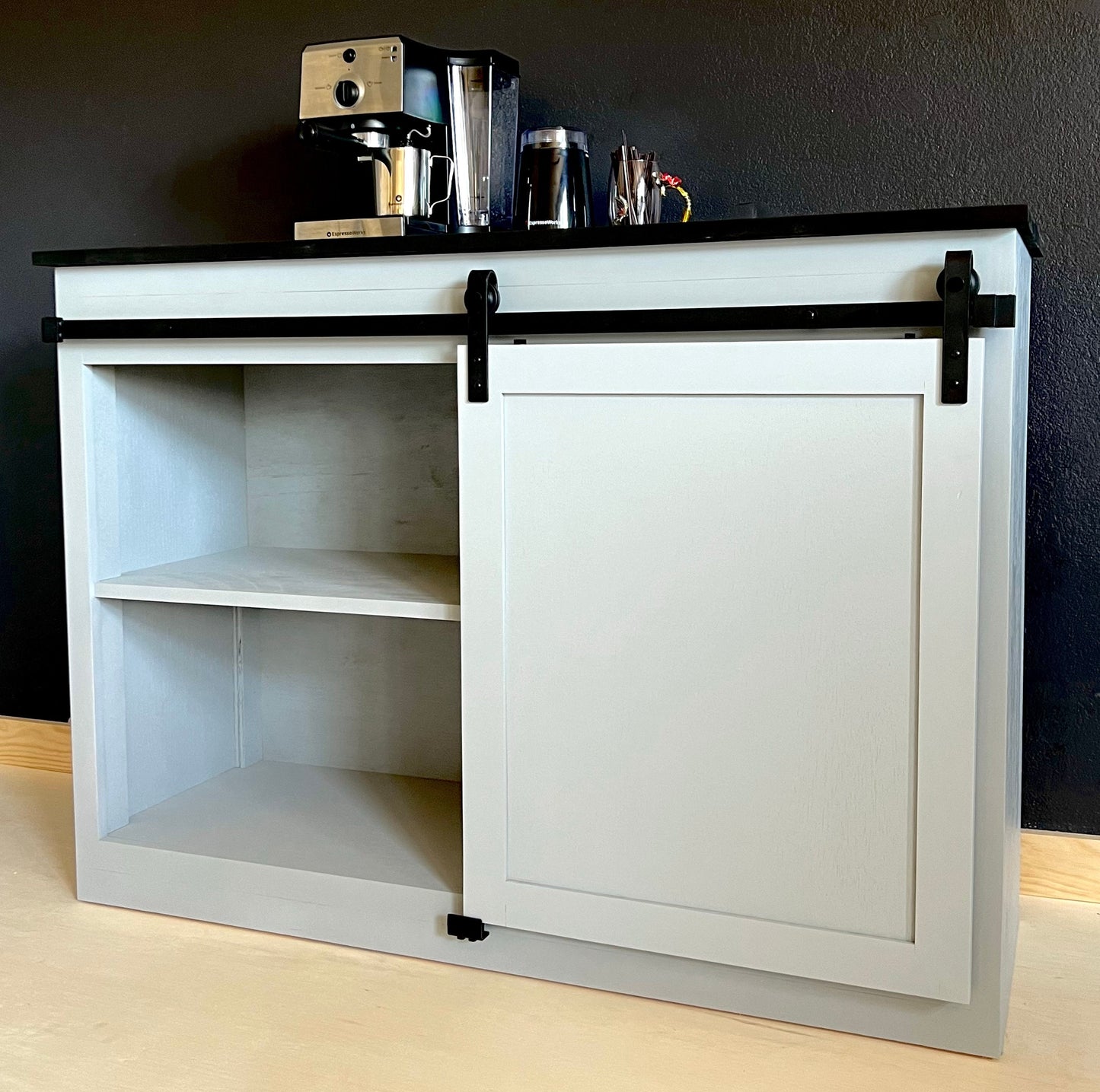 Modern farmhouse coffee bar, beverage storage center.  Makes a great wine or liquor cabinet with plenty of storage space.