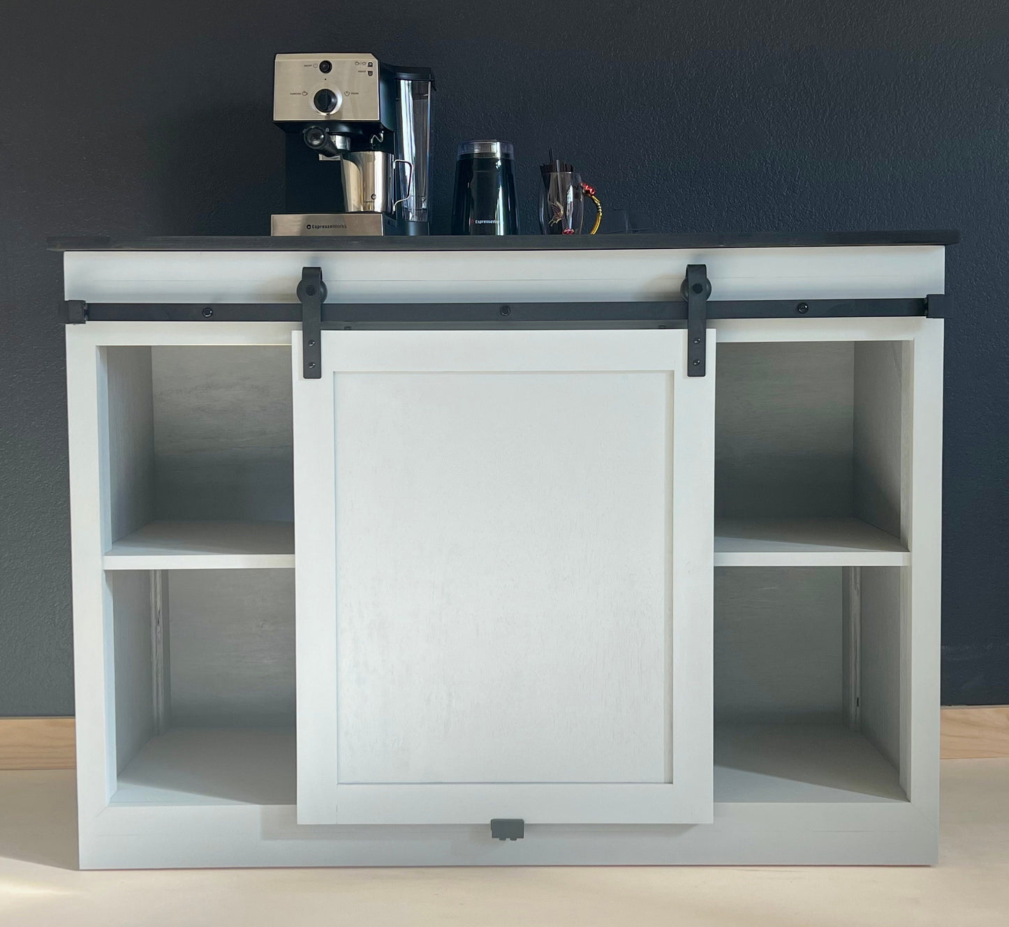 Modern farmhouse coffee bar, beverage storage center.  Makes a great wine or liquor cabinet with plenty of storage space.
