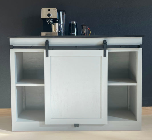 Modern farmhouse coffee bar, beverage storage center.  Makes a great wine or liquor cabinet with plenty of storage space.