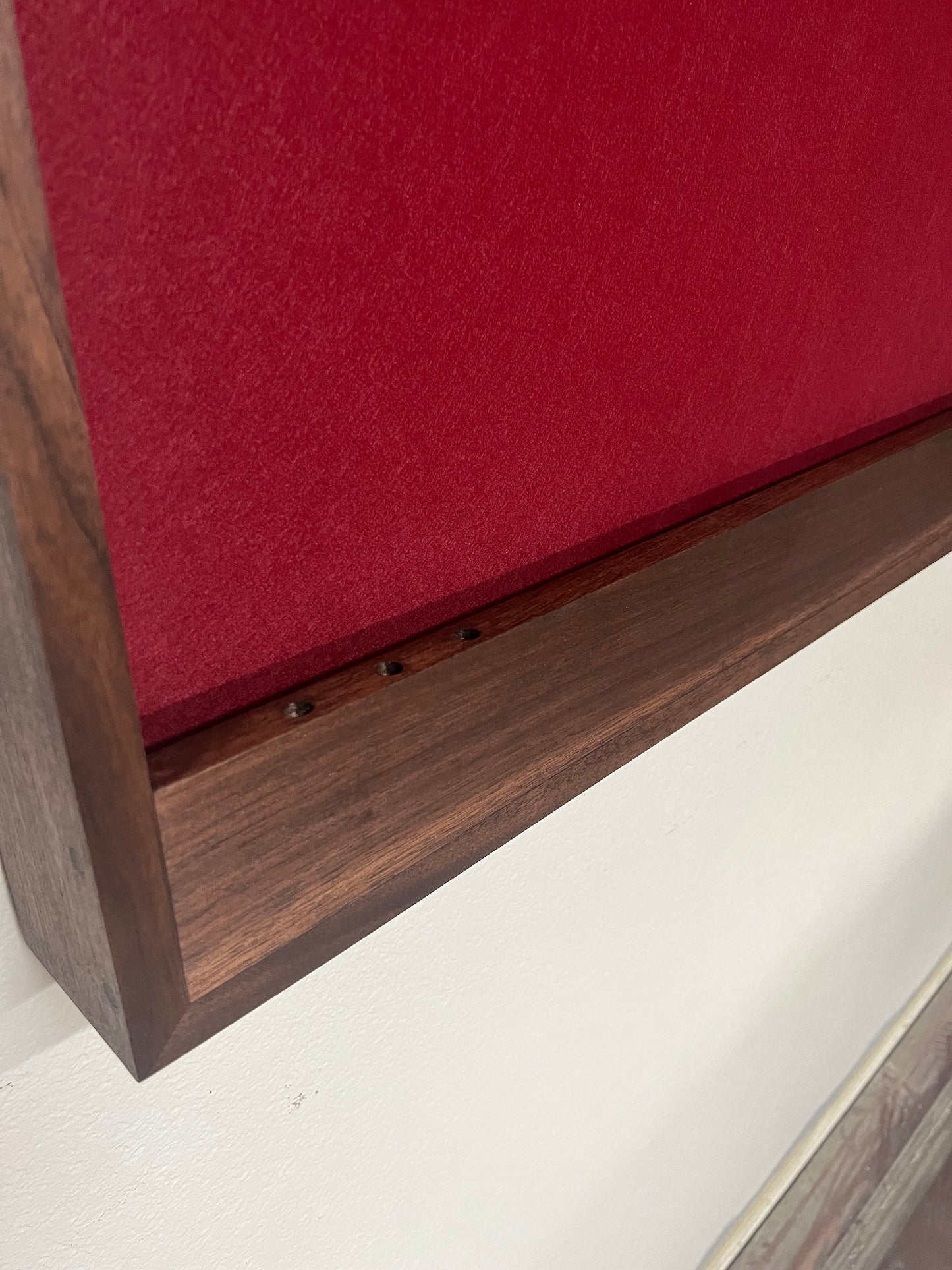 Walnut hardwood dartboard cabinet 32" x 32" x 3.5" with dart storage ruby red felt wrapped around the foam backer.