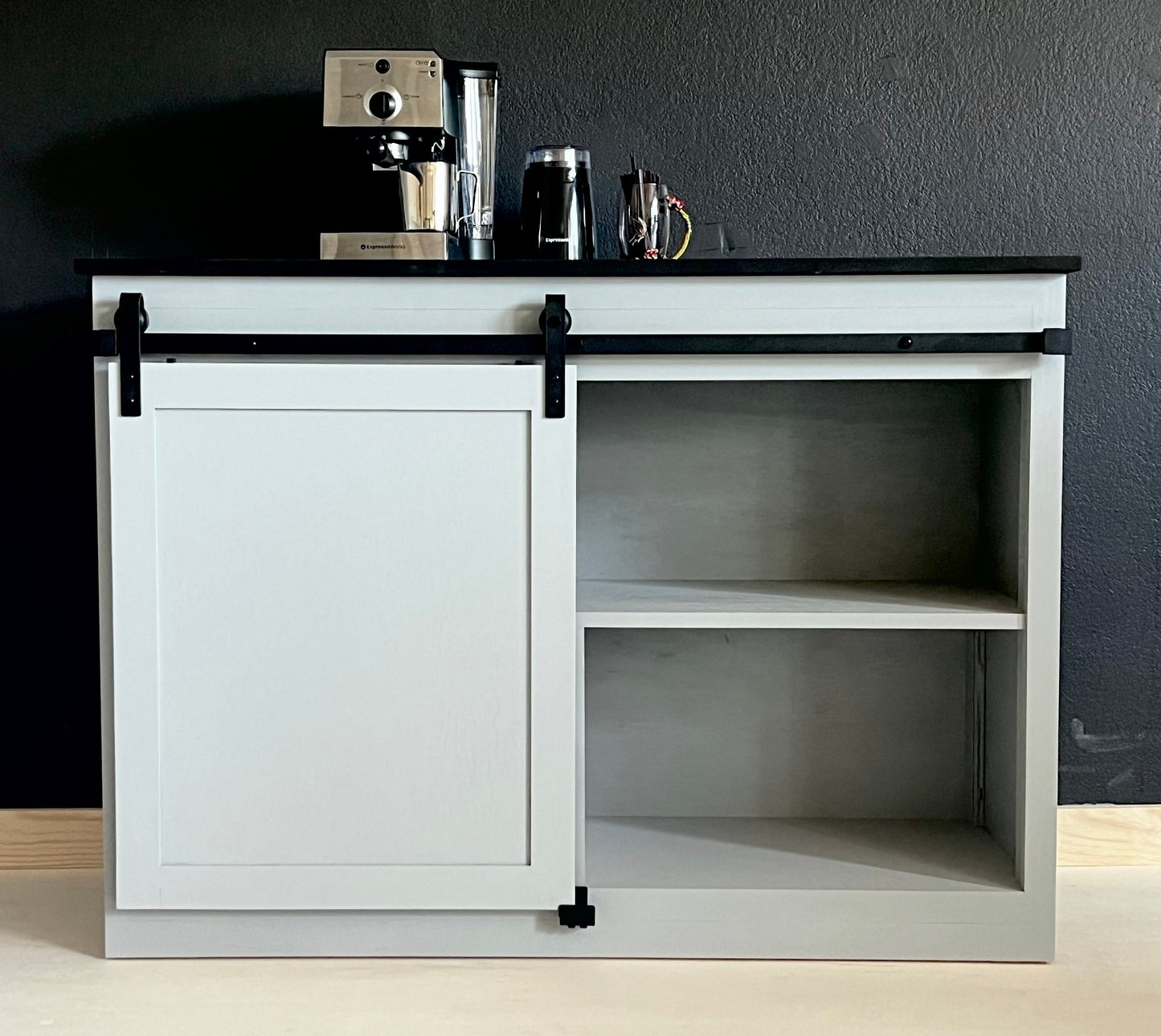Modern farmhouse coffee bar, beverage storage center.  Makes a great wine or liquor cabinet with plenty of storage space.