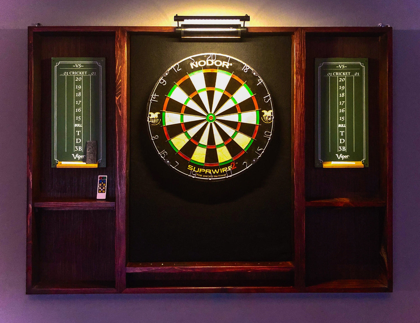 Custom Mahogany Dartboard Cabinet | LED Light, Scoreboards, & Darts Included | Premium Game Room Decor