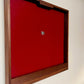 Walnut hardwood dartboard cabinet 32" x 32" x 3.5" with dart storage ruby red felt wrapped around the foam backer.
