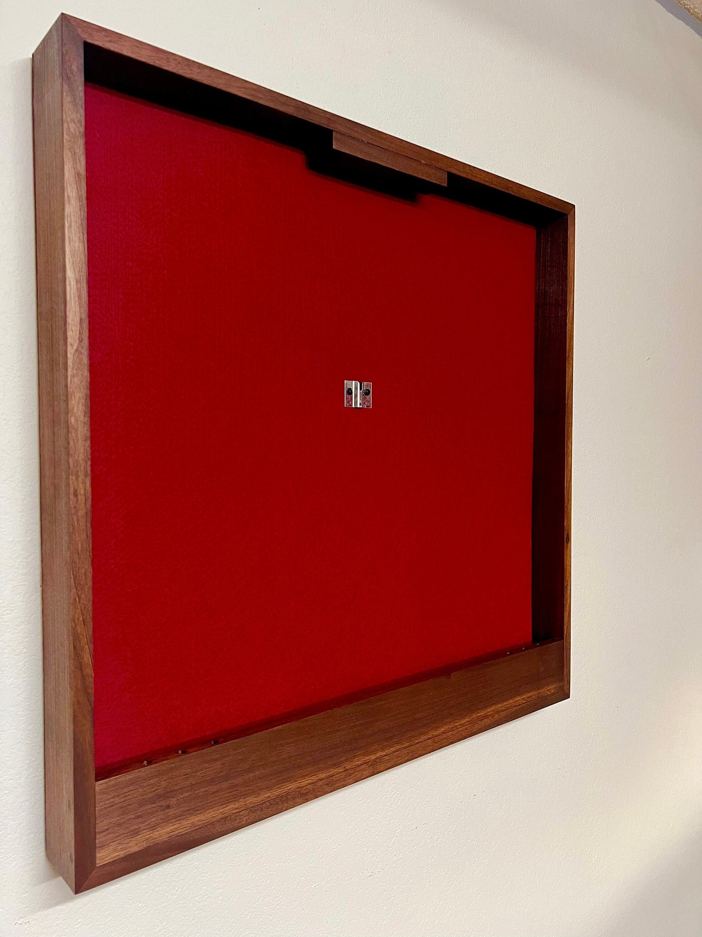 Walnut hardwood dartboard cabinet 32" x 32" x 3.5" with dart storage ruby red felt wrapped around the foam backer.