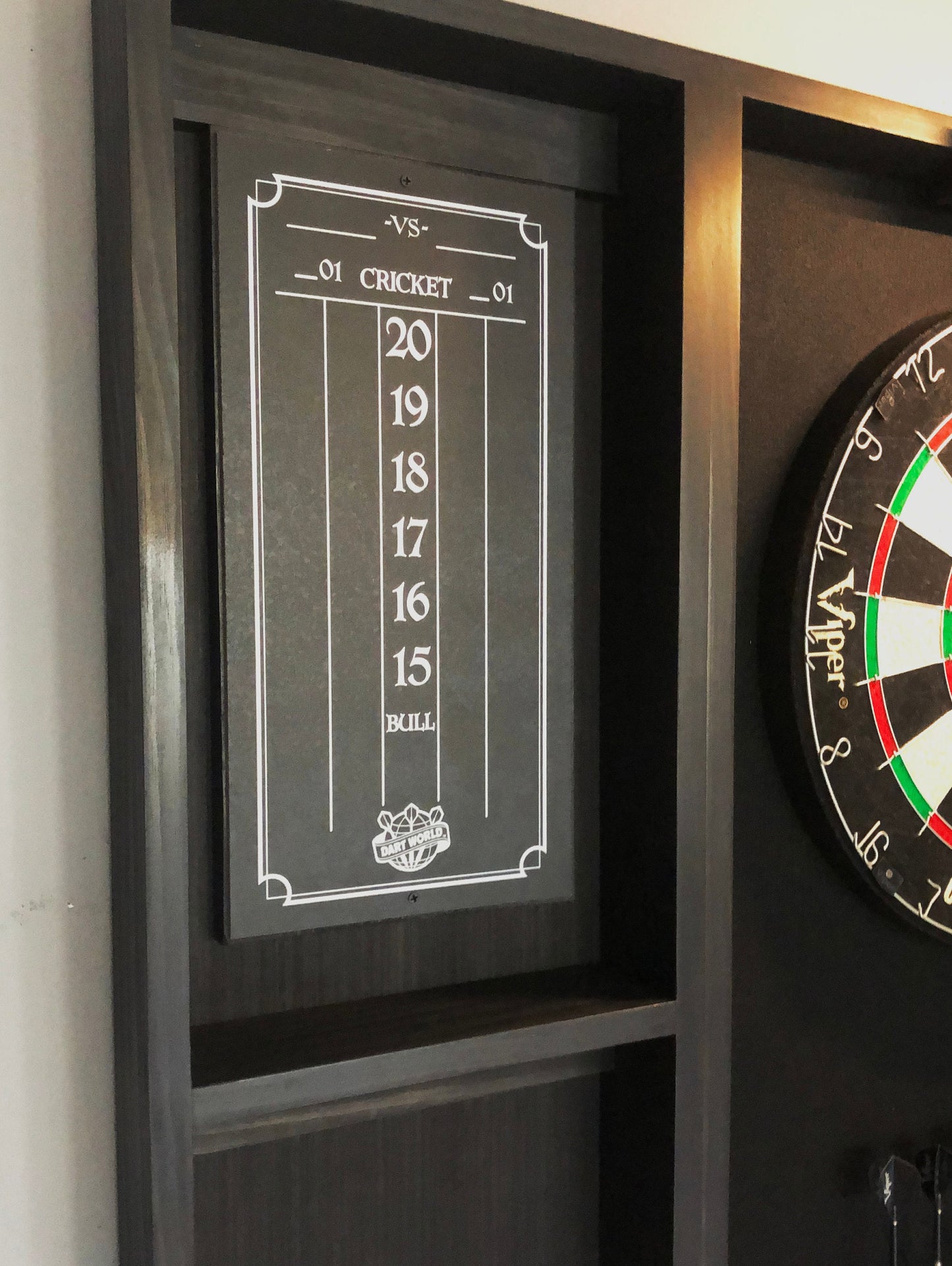 Black stained wood dartboard cabinet