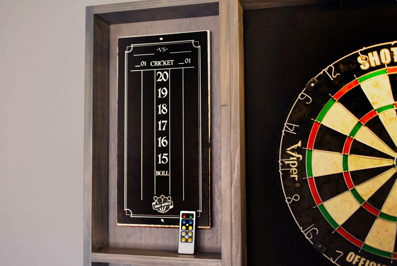 Gray Weathered Wood Dartboard Cabinet – Denali Collection