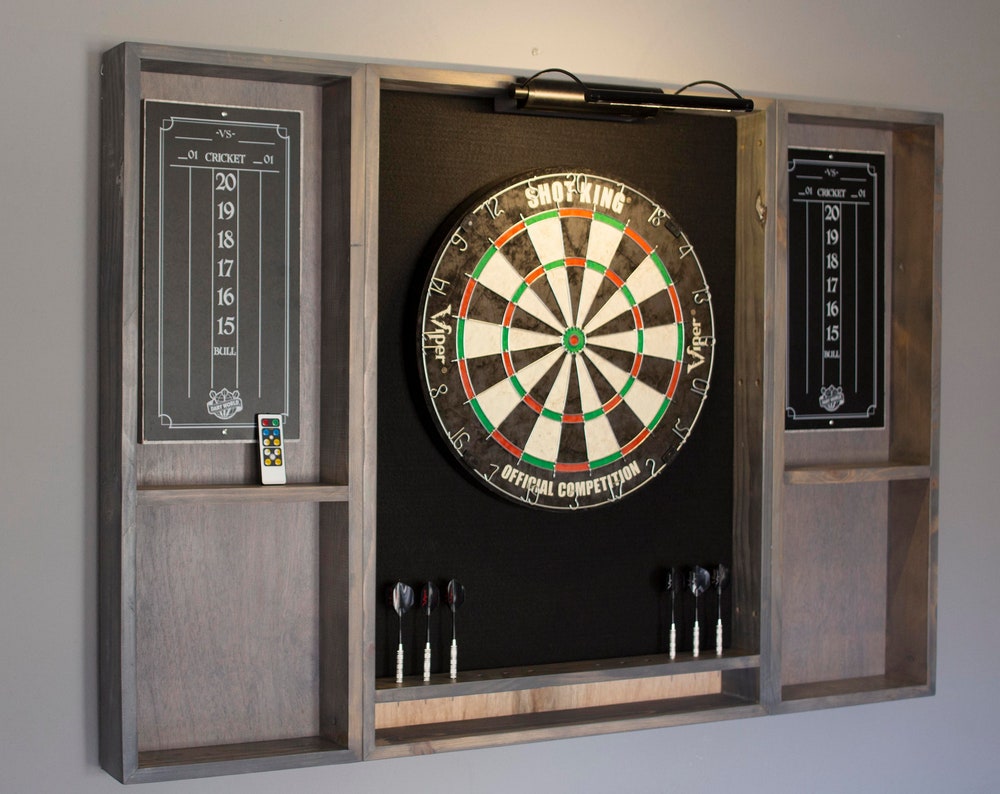 Fathers day gift Gray weathered wood dartboard cabinet