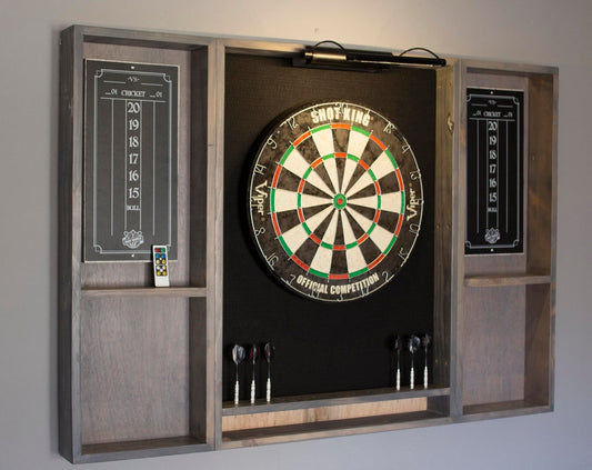 Fathers day gift Gray weathered wood dartboard cabinet