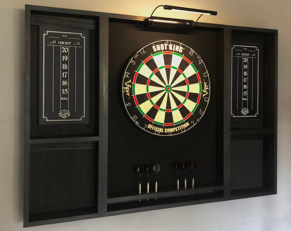 Black stained wood dartboard cabinet